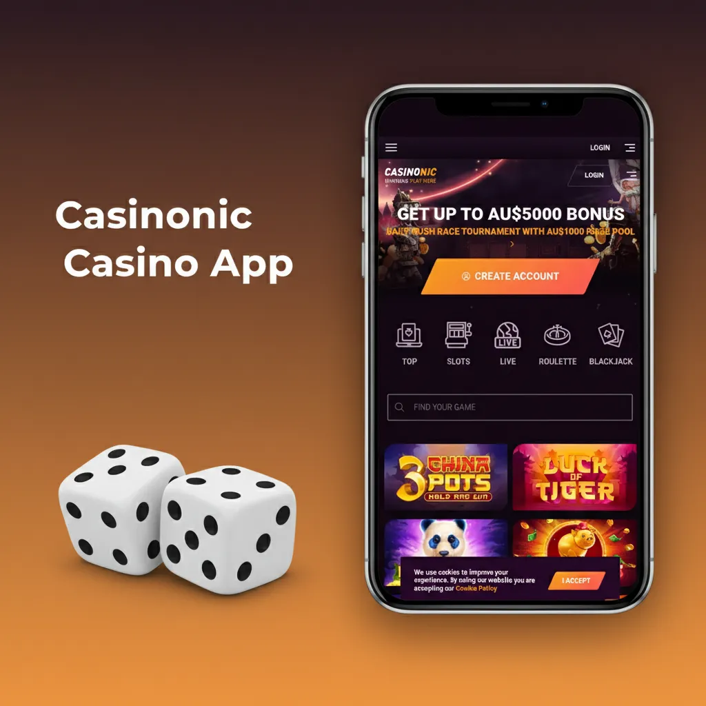 Smartphone showing Casinonic Casino app lobby with slots, live blackjack and roulette, promos and balance.