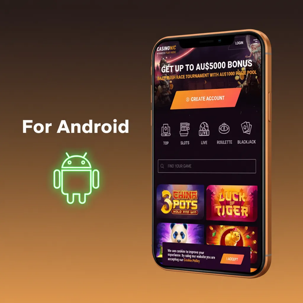 Android phone graphic showing APK install steps: download, allow unknown apps, install, log in, update; for Android 7+.