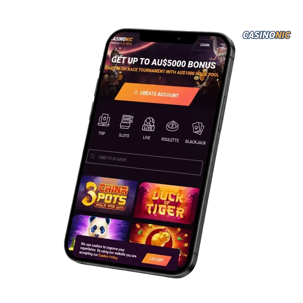Download Casinonic app for Android and iOS; mobile casino with live tables and pokies; Visa, Mastercard, Bitcoin.