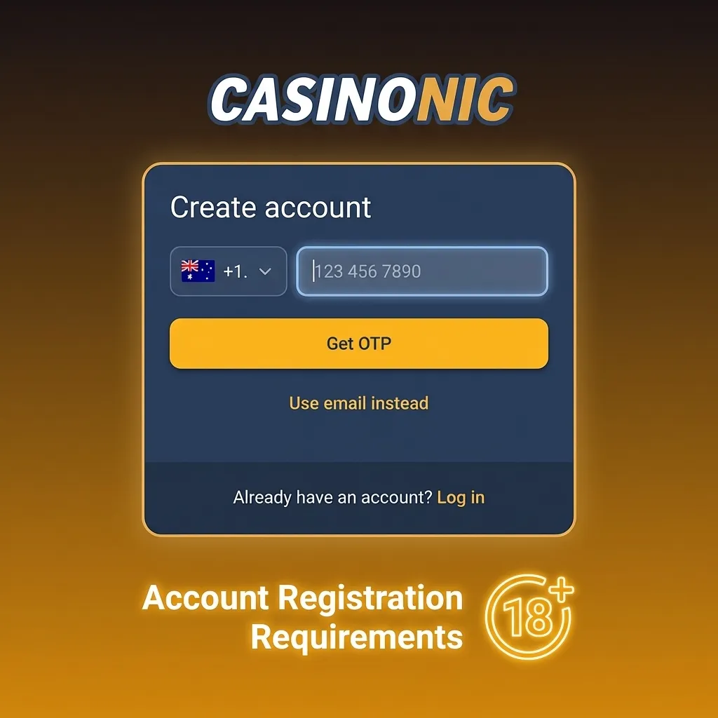 Registration form showing age, residency, and identity verification requirements for Australian online gambling account
