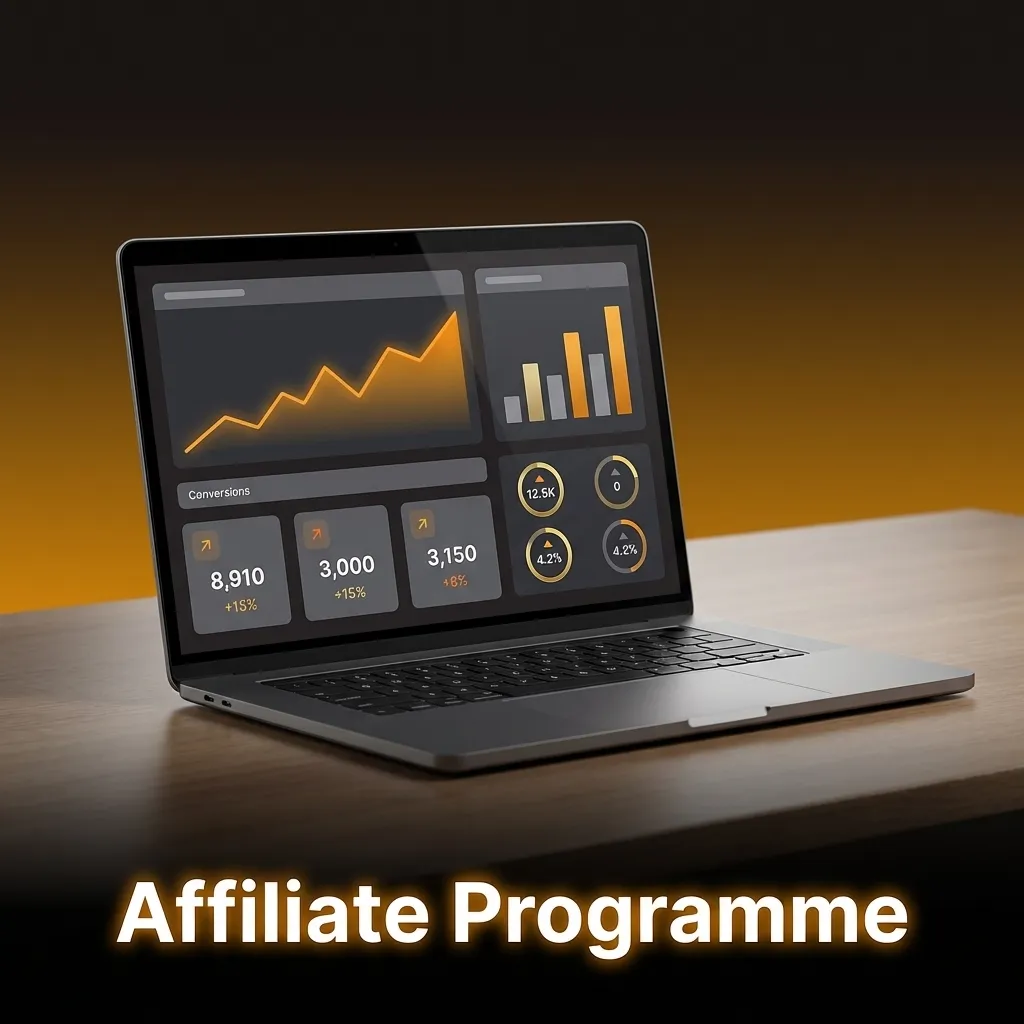 Casino affiliate program dashboard showing revenue share up to 50% with performance tracking for clicks and registrations