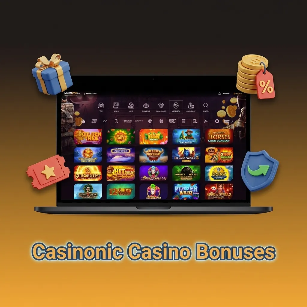 Casinonic Casino welcome bonuses, reload offers, cashback, free spins, and live dealer promotions displayed
