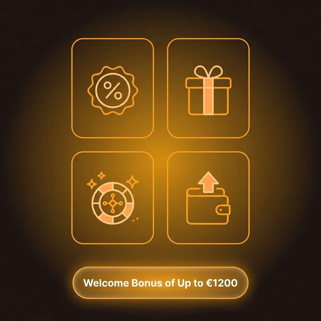 Multi-tier casino welcome bonus package up to €1200 with deposit match percentages and free spins for new players