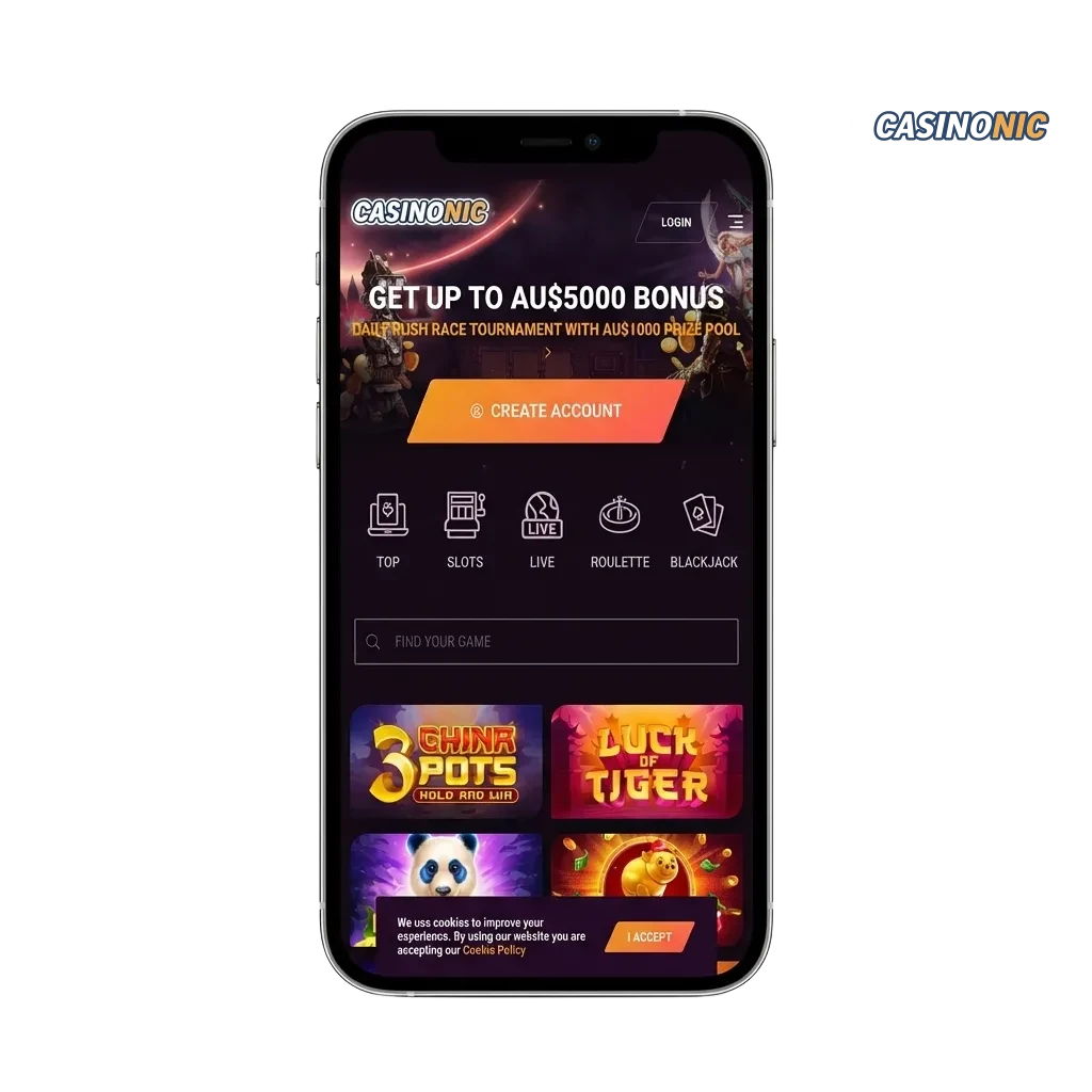 Casinonic mobile app download screen showing Android APK and iOS options with casino games and payment methods