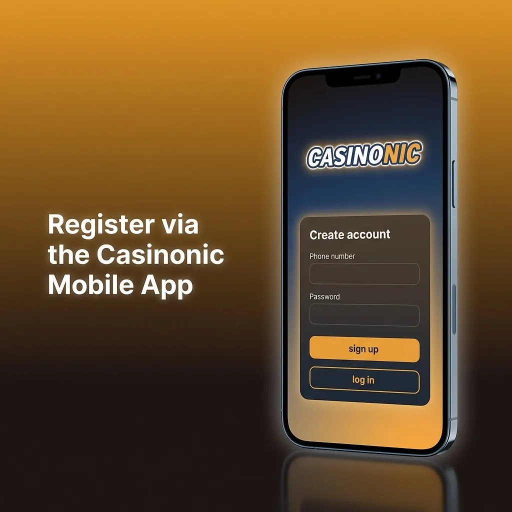 Person using smartphone to register on Casinonic mobile app with registration form displayed on screen